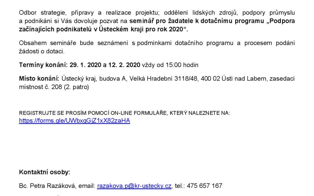 PODPORA ZAČÍNAJÍCÍCH PODNIKATELŮ V ÚSTECKÉM KRAJI PRO ROK 2020